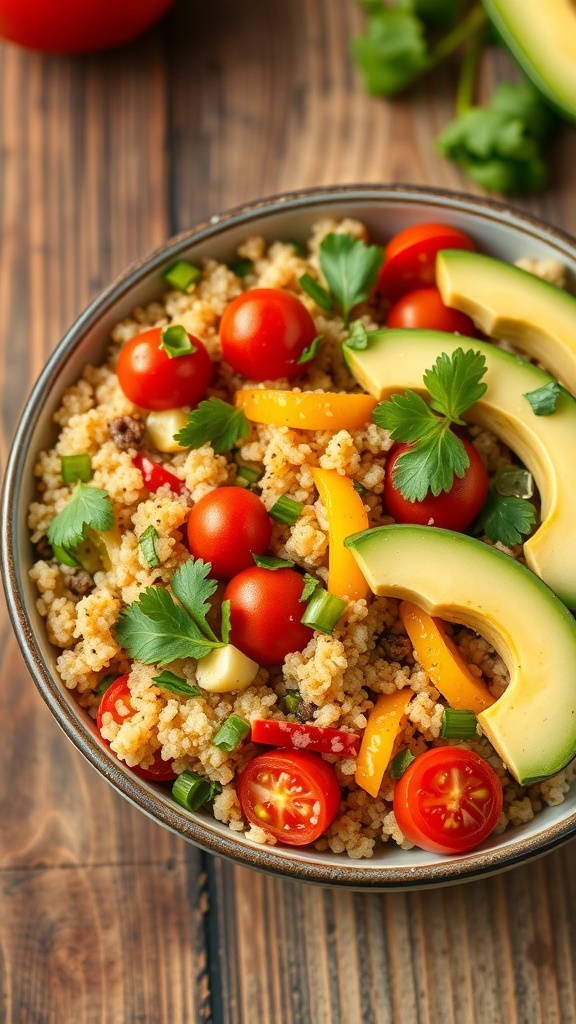 A colorful quinoa bowl with fresh vegetables, avocado, and cilantro on a rustic wooden table.